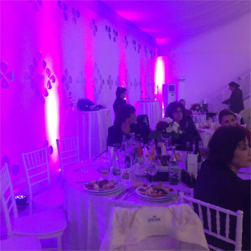 Sala de petrecere luminata semiobscur cu lumini arhitecturale roz